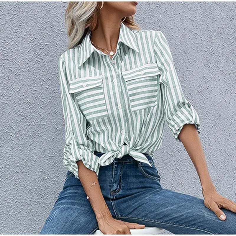 Chemise rayée à manches longues pour femmes - look décontracté élégant et polyvalent
