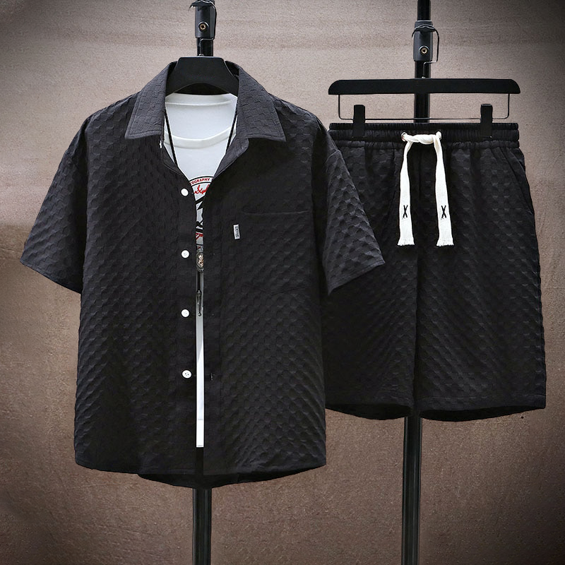 Ensemble Masculin Deux Pièces - Chemise à Texture à Manches Courtes & Short à Taille Élastique - Style Décontracté