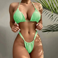 Ensemble de bikinis sexy pour femmes avec haut triangulaire, tissu froncé, liens réglables et string flatteur à coupe haute