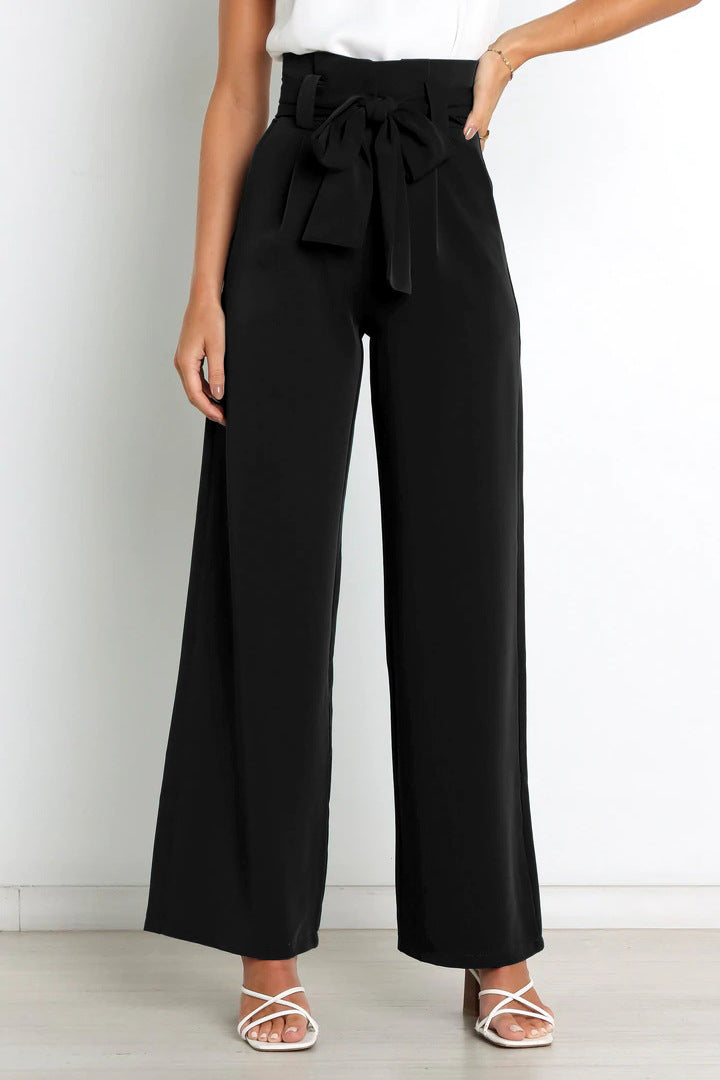 Pantalon à jambe large pour femmes, avec un nœud élégant et une taille haute - parfait pour un look de bureau décontracté et branché.