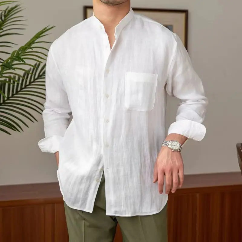 Chemise en lin pour hommes - Coupe décontractée - Col mandarin - Manche longue à boutons - Style casual élégante