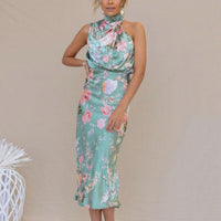 Robe Midi élégante sans manches à col halter pour femmes avec imprimé floral sophistiqué