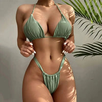 Ensemble de bikinis sexy pour femmes avec haut triangulaire, tissu froncé, liens réglables et string flatteur à coupe haute