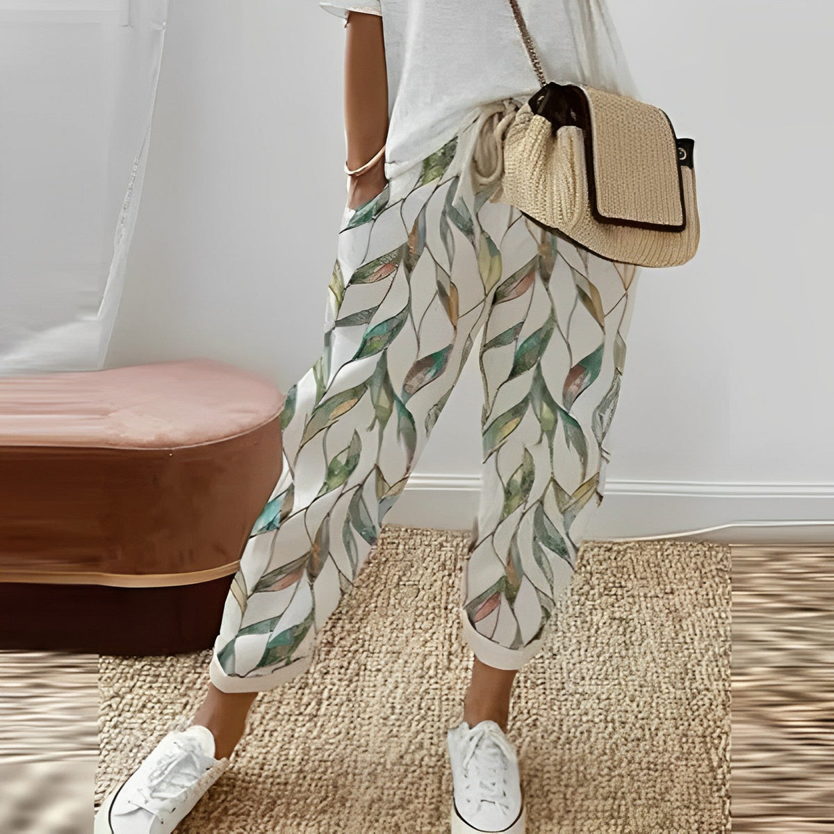 Pantalon élégant à imprimé feuilles de bohème pour femmes - pantalon décontracté vert frais pour un look décontracté