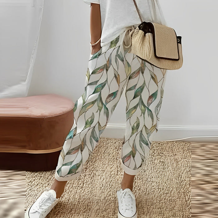Pantalon élégant à imprimé feuilles de bohème pour femmes - pantalon décontracté vert frais pour un look décontracté