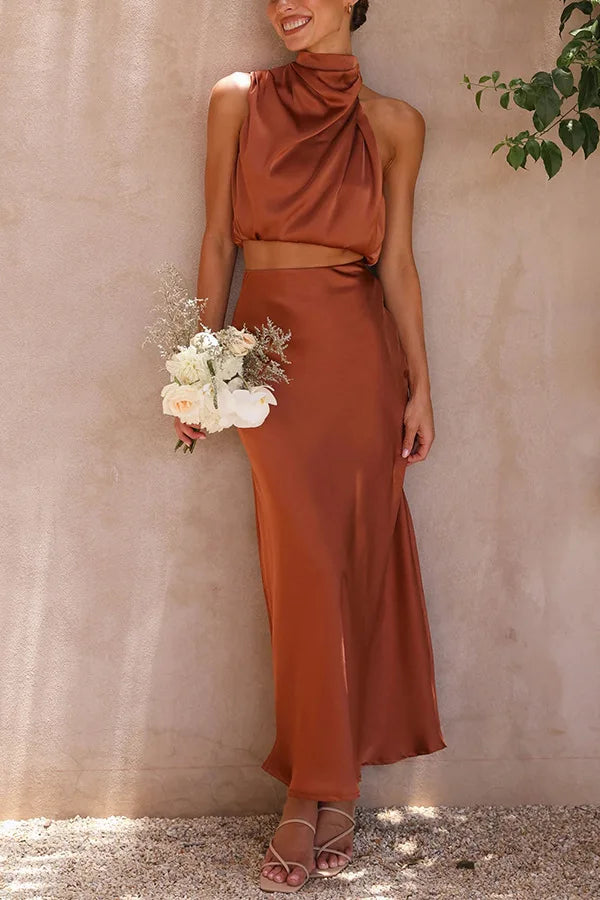 Élégant ensemble 2 pièces en satin pour femmes - Top chic et jupe longue pour un look élégant