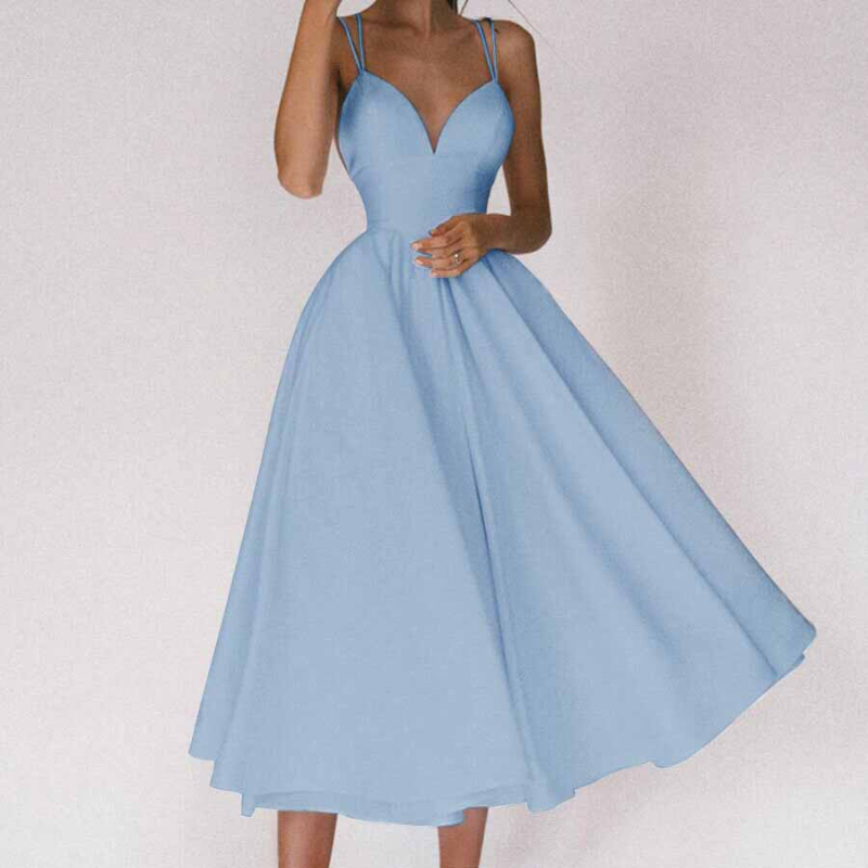 Robe de soirée féminine - Encolure en V plongeante - Silhouette en A - Élégant midi longueur