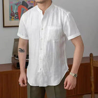 Chemise en lin pour hommes - Coupe décontractée - Col mandarin - Manche longue à boutons - Style casual élégante