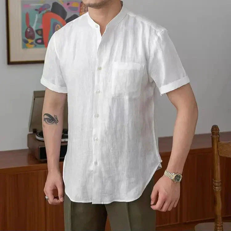 Chemise en lin pour hommes - Coupe décontractée - Col mandarin - Manche longue à boutons - Style casual élégante