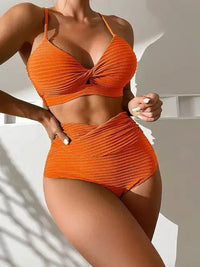 Ensemble Bikini pour Femmes à Taille Haute - Haut Torsadé Volantée avec Coques - Bretelles Réglables - Texture Ribée Élégante