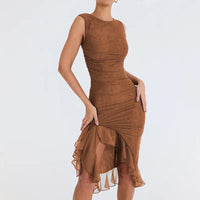 Robe Midi Collante pour Femmes - Sans Manches à Col Haut - Ourlet Asymétrique à Volants