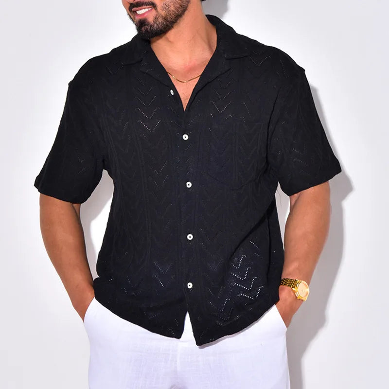 Chemise en tricot élégante à texture jacquard pour hommes - Col décontracté à manches courtes