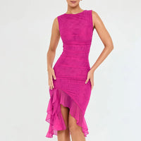 Robe Midi Collante pour Femmes - Sans Manches à Col Haut - Ourlet Asymétrique à Volants