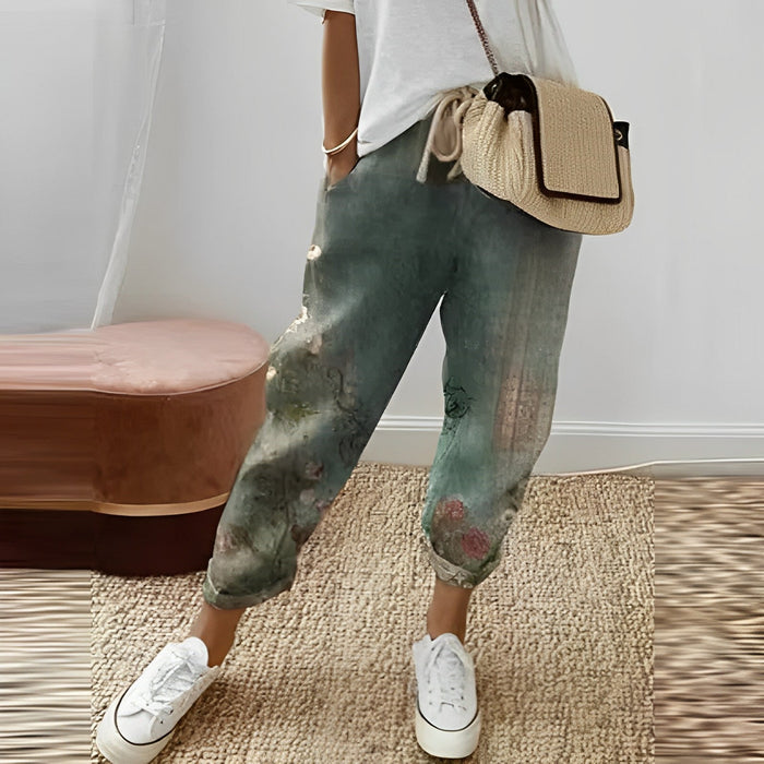 Pantalon élégant à imprimé feuilles de bohème pour femmes - pantalon décontracté vert frais pour un look décontracté