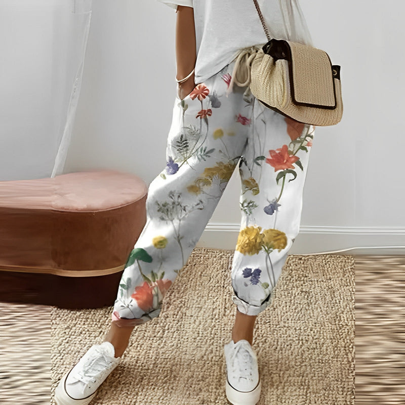 Pantalon élégant à imprimé feuilles de bohème pour femmes - pantalon décontracté vert frais pour un look décontracté