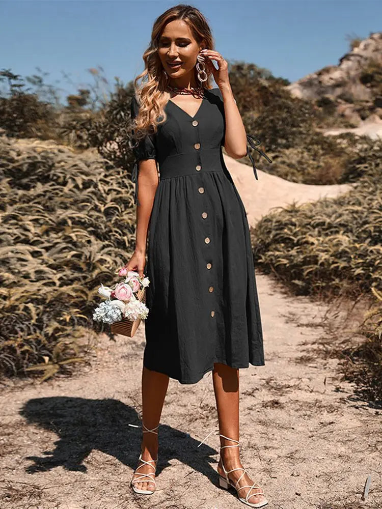 Robe élégante en coton à col en V pour le printemps/été - Confort et style avec Annelies