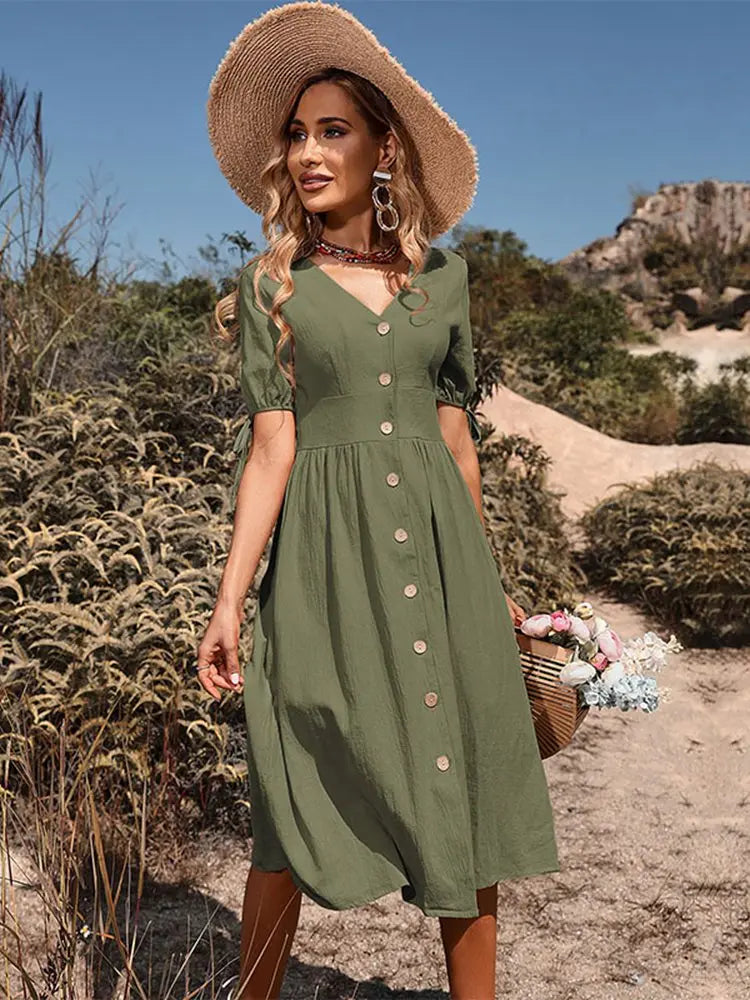 Robe élégante en coton à col en V pour le printemps/été - Confort et style avec Annelies