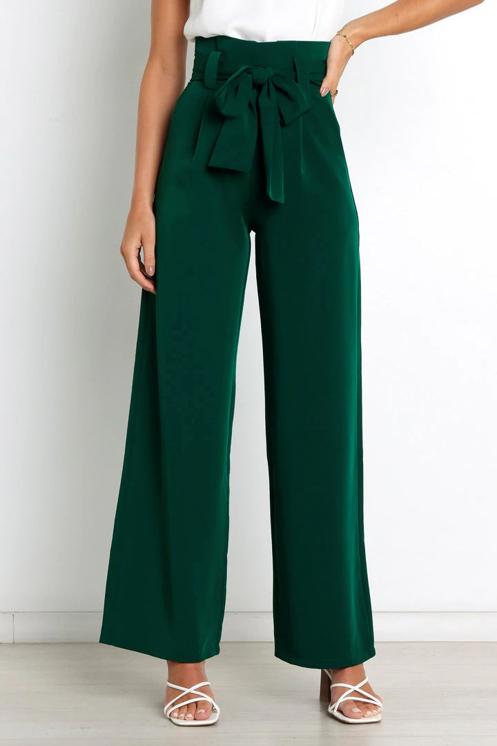 Pantalon à jambe large pour femmes, avec un nœud élégant et une taille haute - parfait pour un look de bureau décontracté et branché.