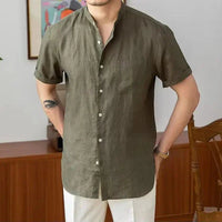 Chemise en lin pour hommes - Coupe décontractée - Col mandarin - Manche longue à boutons - Style casual élégante