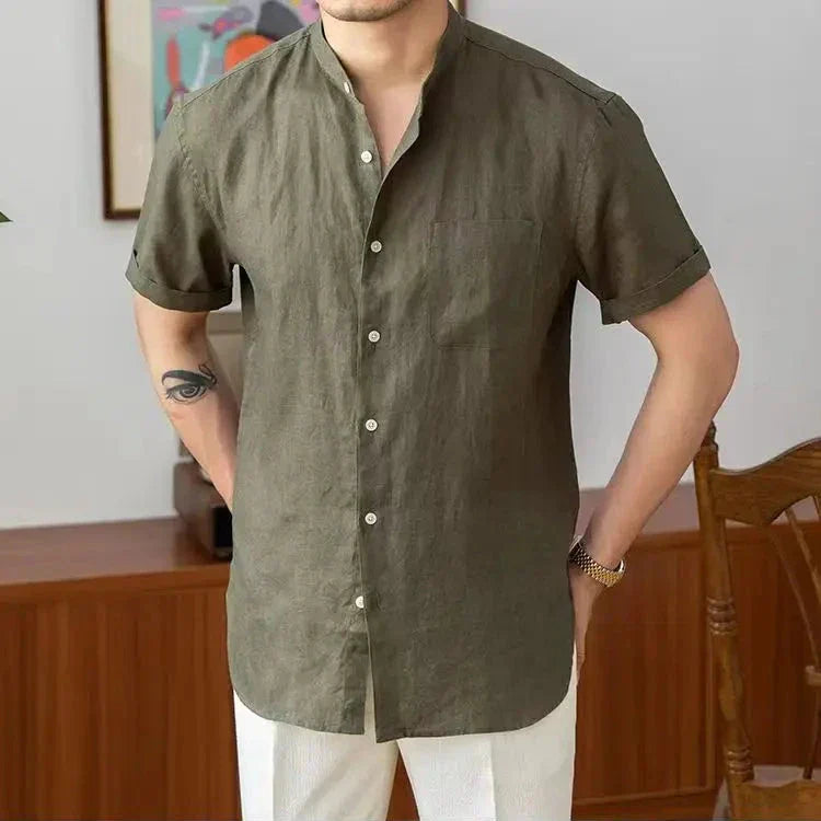 Chemise en lin pour hommes - Coupe décontractée - Col mandarin - Manche longue à boutons - Style casual élégante