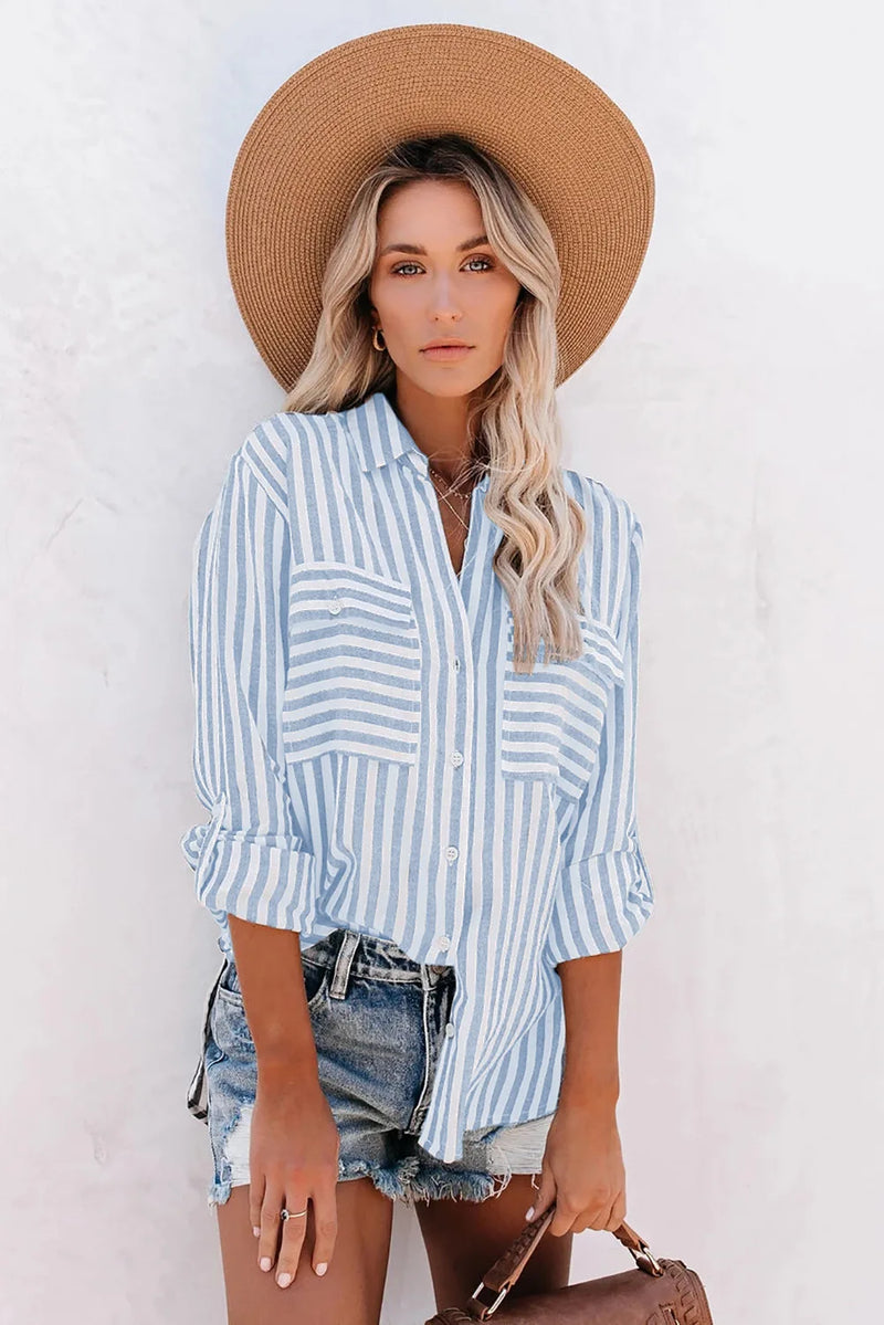 Chemise rayée à manches longues pour femmes - look décontracté élégant et polyvalent