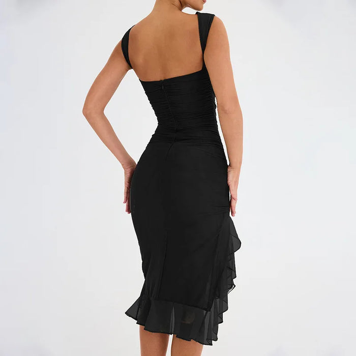Robe Midi Collante pour Femmes - Sans Manches à Col Haut - Ourlet Asymétrique à Volants