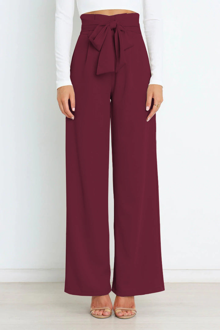 Pantalon à jambe large pour femmes, avec un nœud élégant et une taille haute - parfait pour un look de bureau décontracté et branché.