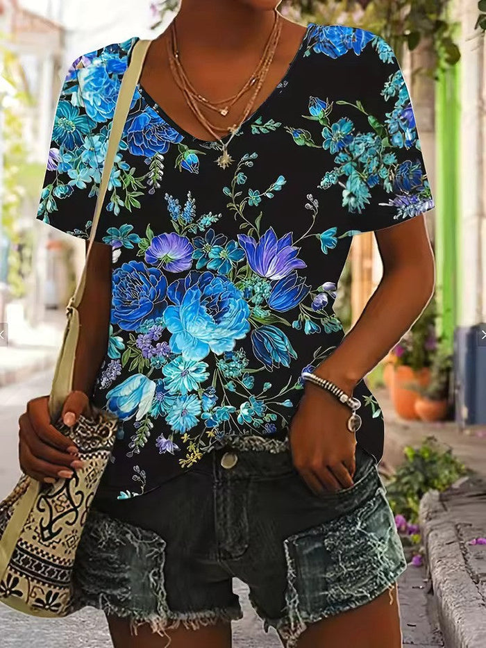 T-shirt à col en V pour femmes avec imprimé abstrait coloré accrocheur
