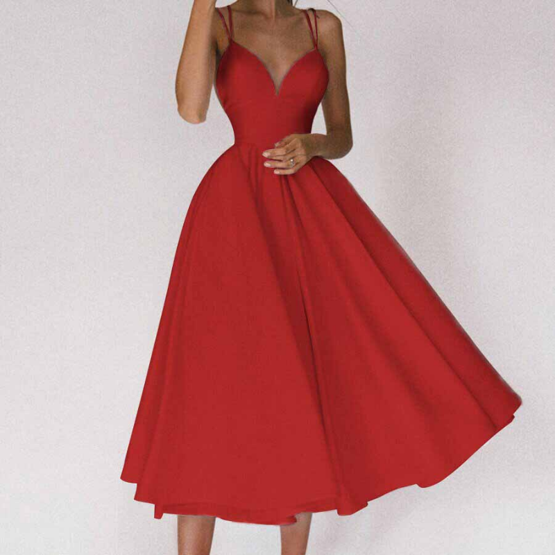Robe de soirée féminine - Encolure en V plongeante - Silhouette en A - Élégant midi longueur