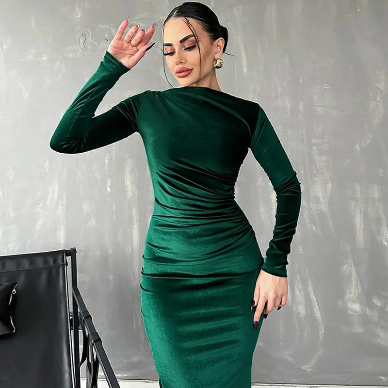 Robe bodycon chic à manches longues pour femmes - longueur mi-longue extensible avec détails froncés pour un look élégant