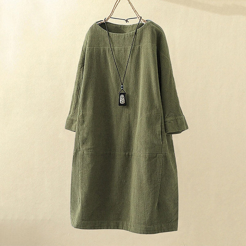Robe en velours côtelé pour femme - Coupe décontractée - Longueur genou - Manches 3/4 - Style minimaliste élégante