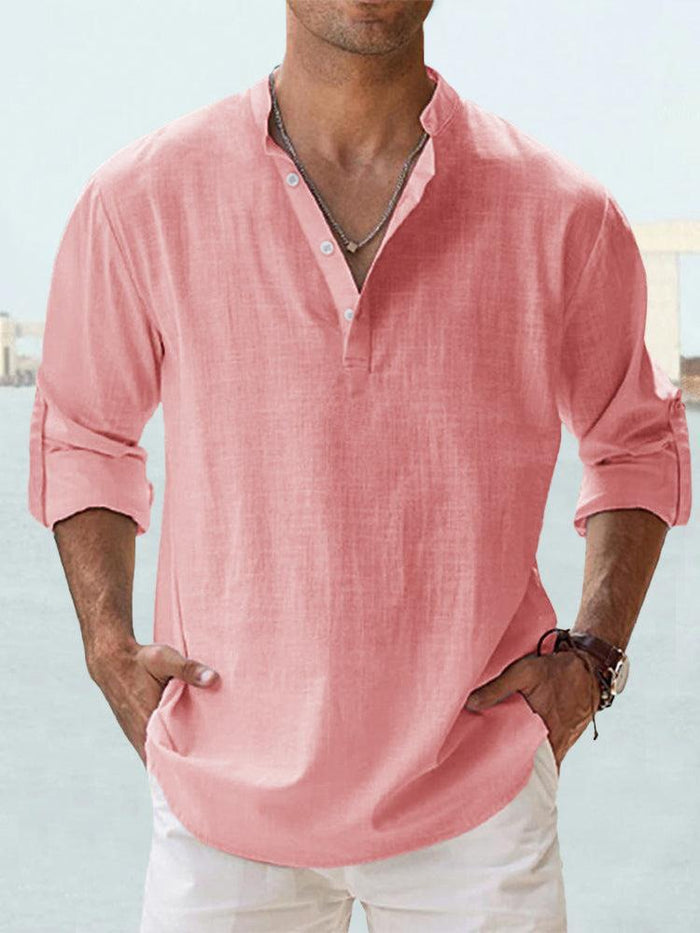 Chemise Henley confortable pour hommes - Mélange coton-linen respirant - Coupe décontractée avec manches longues et col à bandes