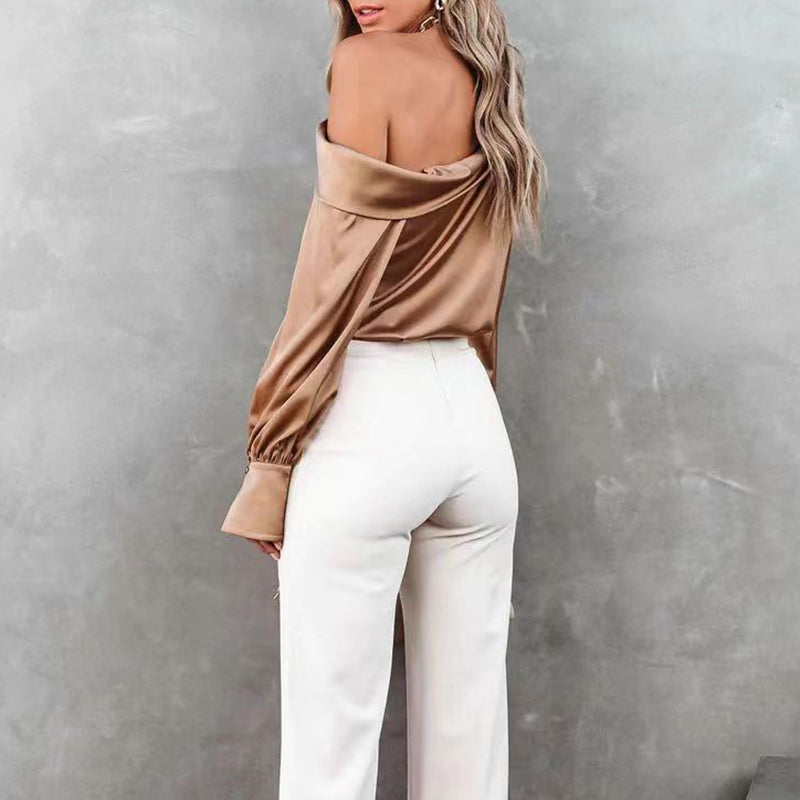 Élégante blouse en satin pour femmes avec un design asymétrique unique - manches longues élégantes pour des tenues décontractées ou d'affaires