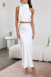 Élégant ensemble 2 pièces en satin pour femmes - Top chic et jupe longue pour un look élégant