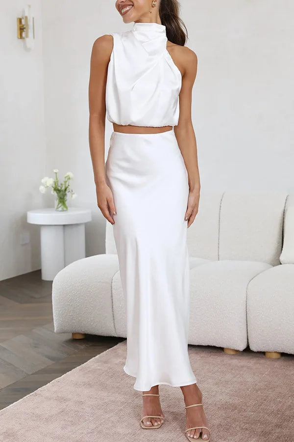 Élégant ensemble 2 pièces en satin pour femmes - Top chic et jupe longue pour un look élégant