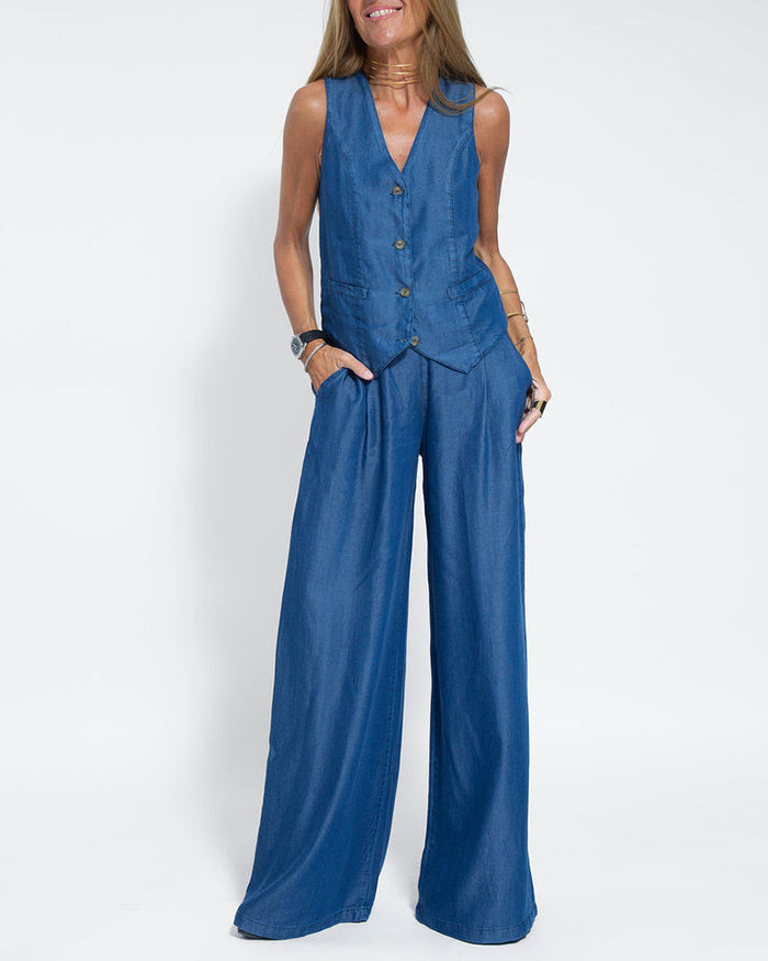 Tenue d'été élégante pour femme : pantalon large en lin 2 pièces et cardigan pour un look élégant et confortable