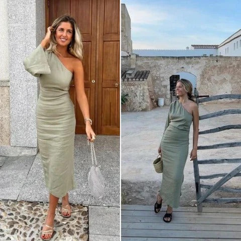 Élégante robe en lin à une épaule avec fente sur le côté - Maja