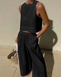 Ensemble d'été élégant pour femmes : ensemble 2 pièces en lin avec pantalon large et top court