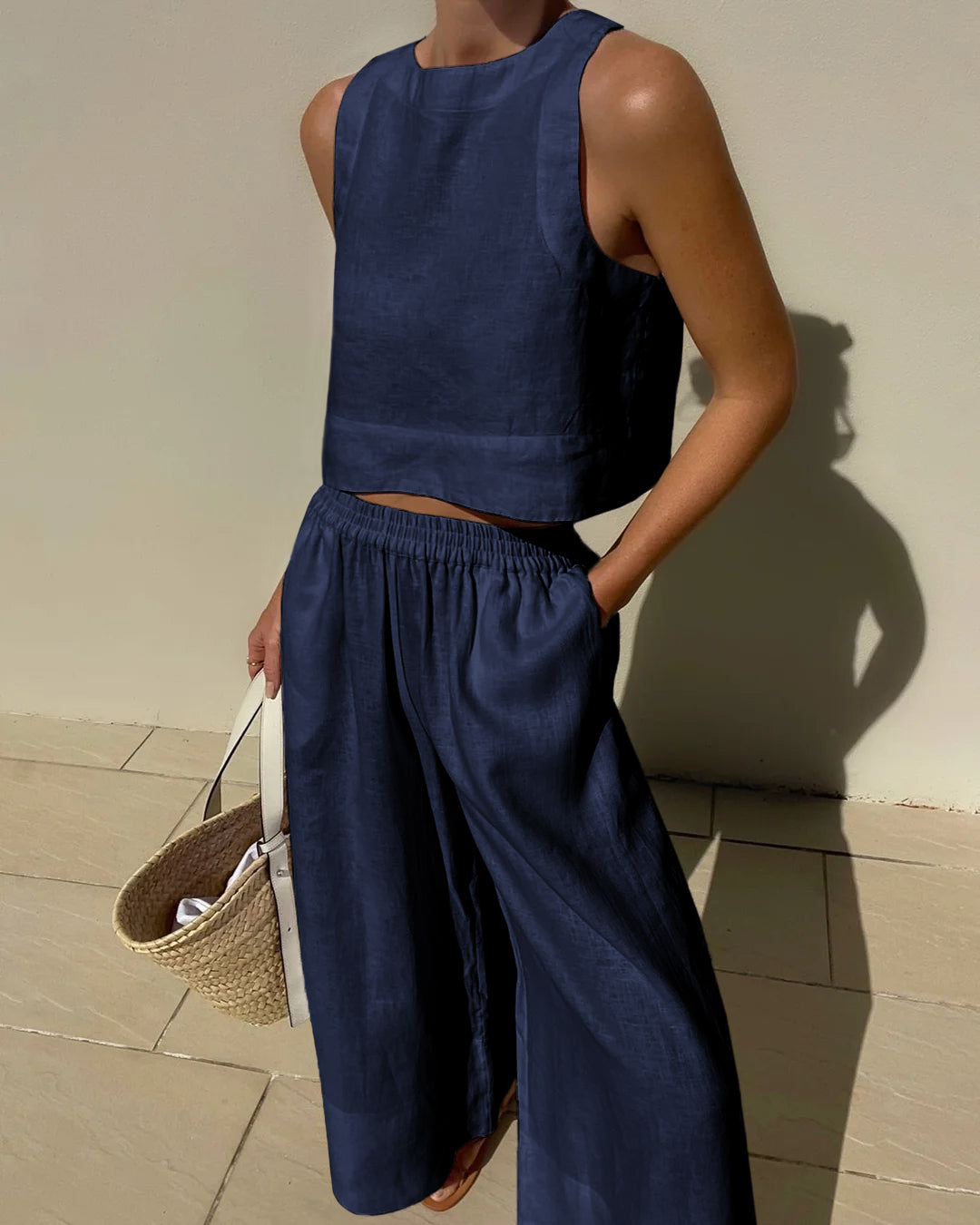Ensemble d'été élégant pour femmes : ensemble 2 pièces en lin avec pantalon large et top court
