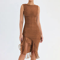 Robe Midi Collante pour Femmes - Sans Manches à Col Haut - Ourlet Asymétrique à Volants