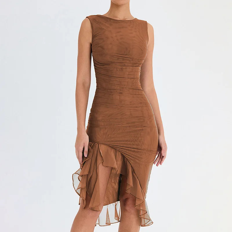 Robe Midi Collante pour Femmes - Sans Manches à Col Haut - Ourlet Asymétrique à Volants