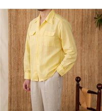 Chemise en lin pour homme - Coupe décontractée - à boutons - manches longues - deux poches sur la poitrine