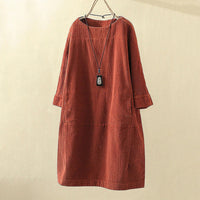 Robe en velours côtelé pour femme - Coupe décontractée - Longueur genou - Manches 3/4 - Style minimaliste élégante