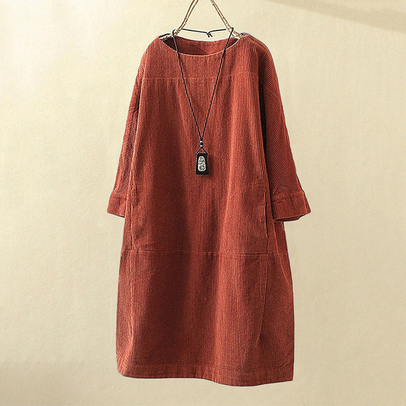 Robe en velours côtelé pour femme - Coupe décontractée - Longueur genou - Manches 3/4 - Style minimaliste élégante