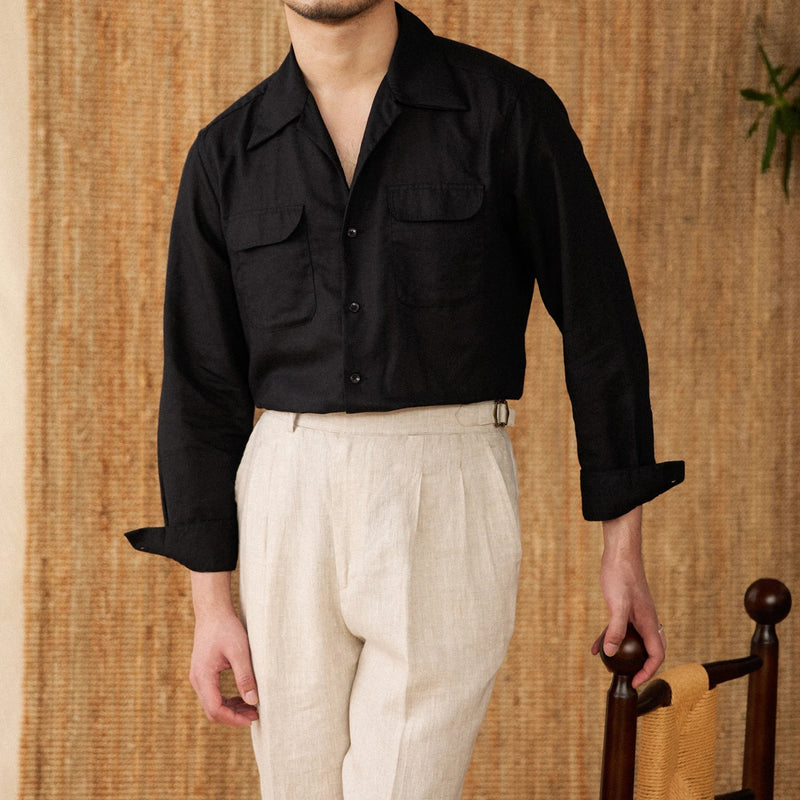 Chemise en lin pour homme - Coupe décontractée - à boutons - manches longues - deux poches sur la poitrine
