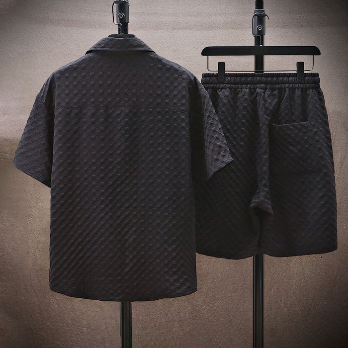 Ensemble Masculin Deux Pièces - Chemise à Texture à Manches Courtes & Short à Taille Élastique - Style Décontracté