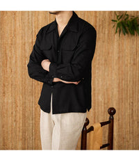 Chemise en lin pour homme - Coupe décontractée - à boutons - manches longues - deux poches sur la poitrine