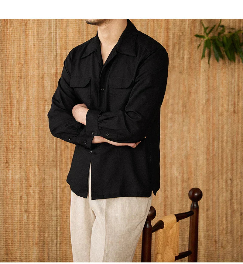 Chemise en lin pour homme - Coupe décontractée - à boutons - manches longues - deux poches sur la poitrine