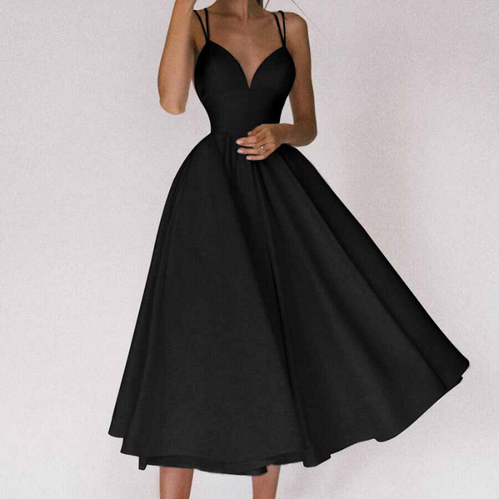 Robe de soirée féminine - Encolure en V plongeante - Silhouette en A - Élégant midi longueur