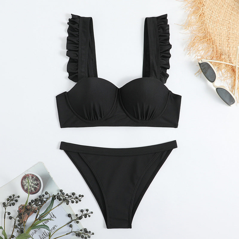 Maillot de bain à épaules plissées et à bonnets durs amovibles pour femmes